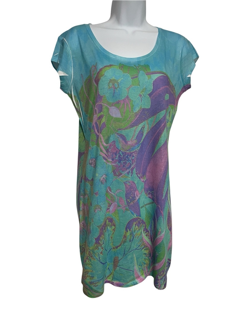 Guy Harvey Turquoise Sea Life T-Shirt Dress Size Medium Lightweight Floral Bird